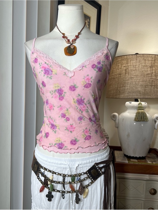 American Vintage Tops - American Vintage Pink Floral Lace-Trim Camisole